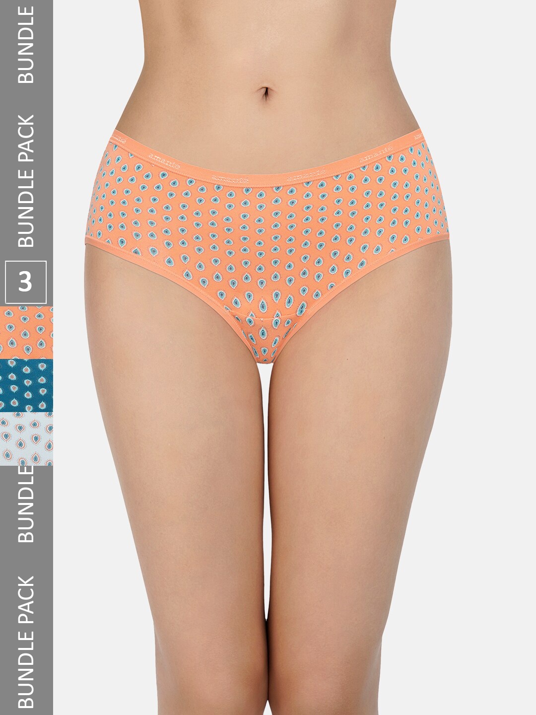 

Amante Women Pack Of 3 Printed Low Rise Cotton Hipster Briefs PPK43101, Orange