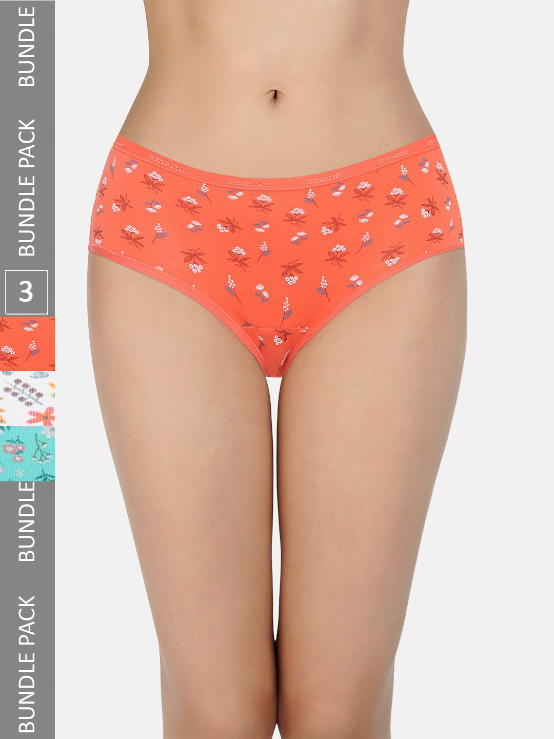 

Amante Women Pack of 3 Printed Outer Elasticated Low Rise Hipster Briefs PPK43101, Orange