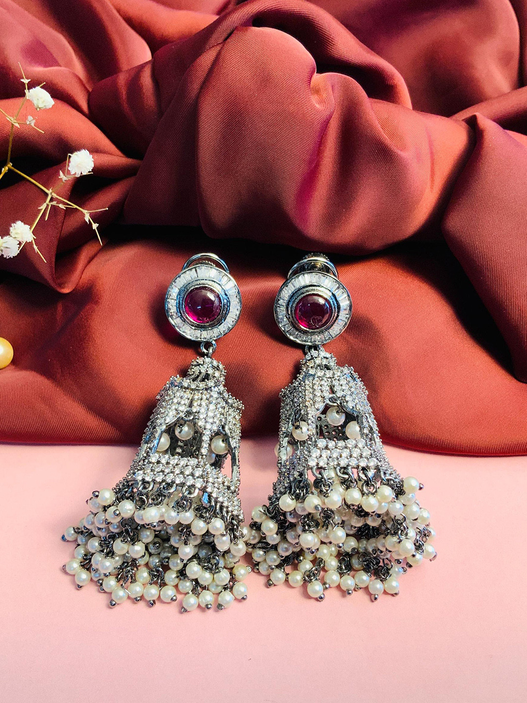 

ABDESIGNS Silver-Plated Dome Shaped Jhumkas Earrings