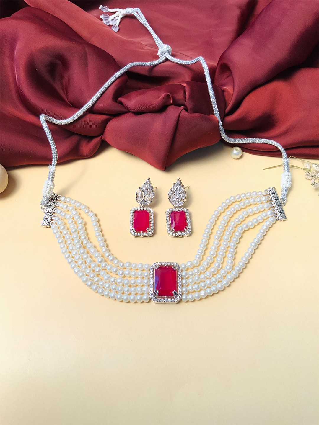 

ABDESIGNS Silver-Plated Stone-Studded & Beaded Jewellery Set