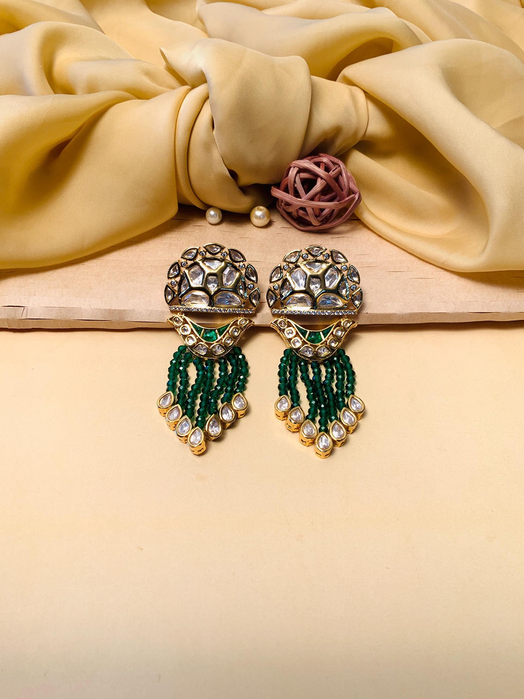 

ABDESIGNS Gold Plated Contemporary Stone Studded & Beaded Drop Earrings