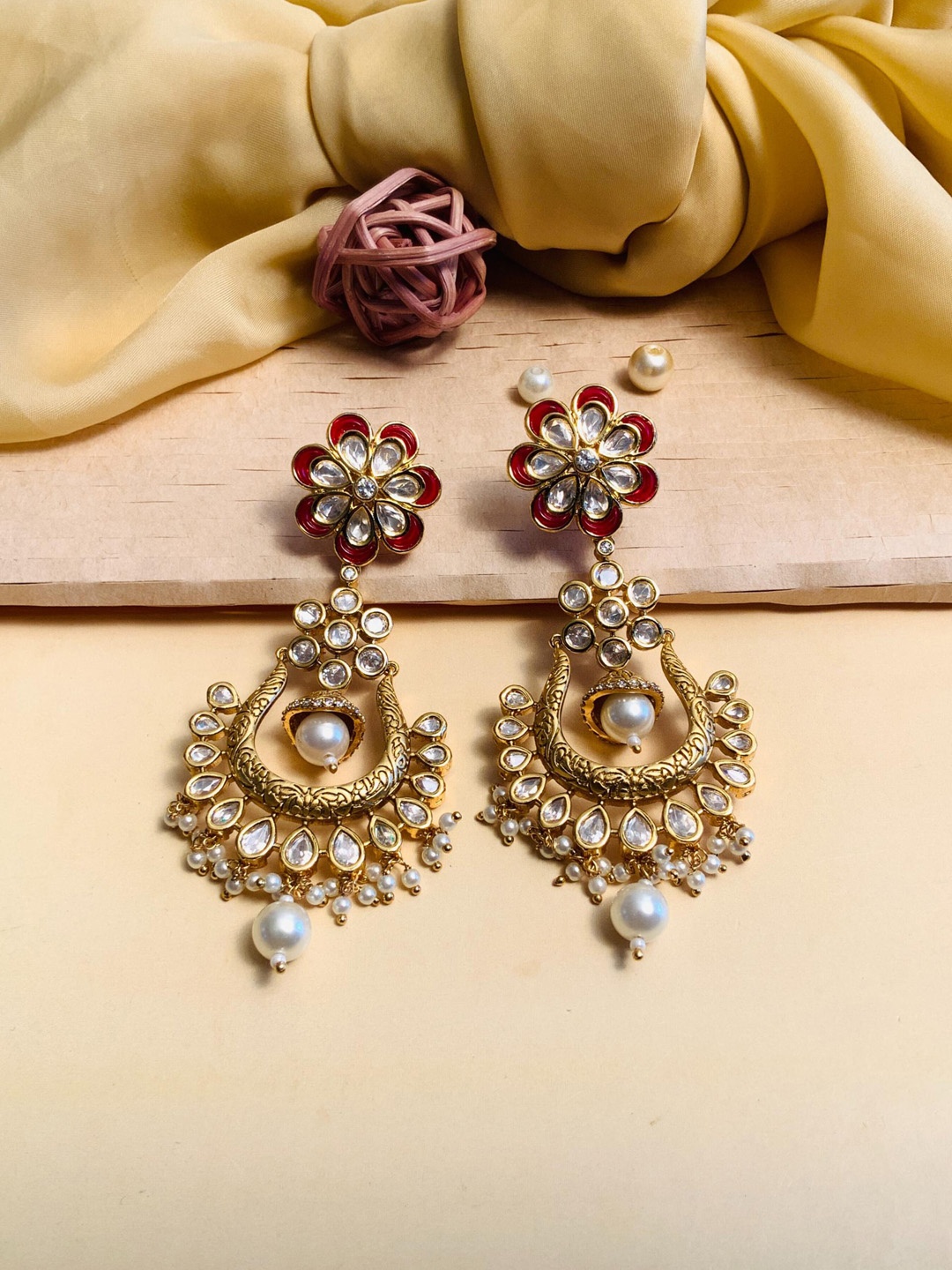 

ABDESIGNS Gold Plated Floral Stone Studded & Beaded Drop Earrings