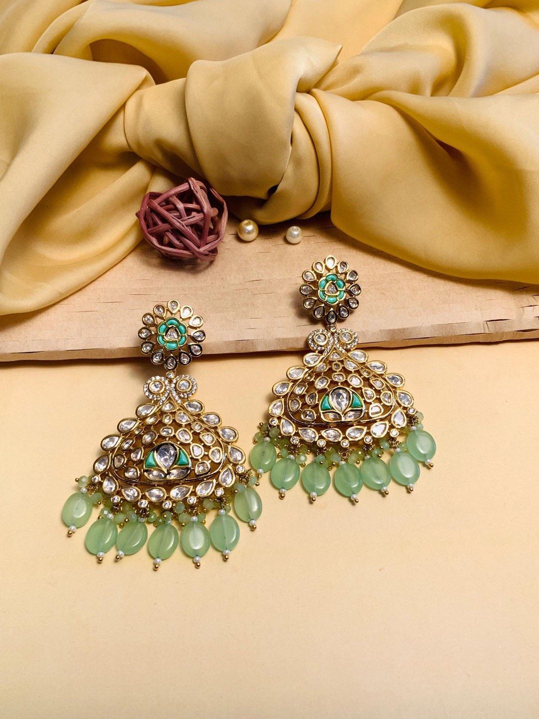

ABDESIGNS Gold Plated Contemporary Stone Studded & Beaded Drop Earrings