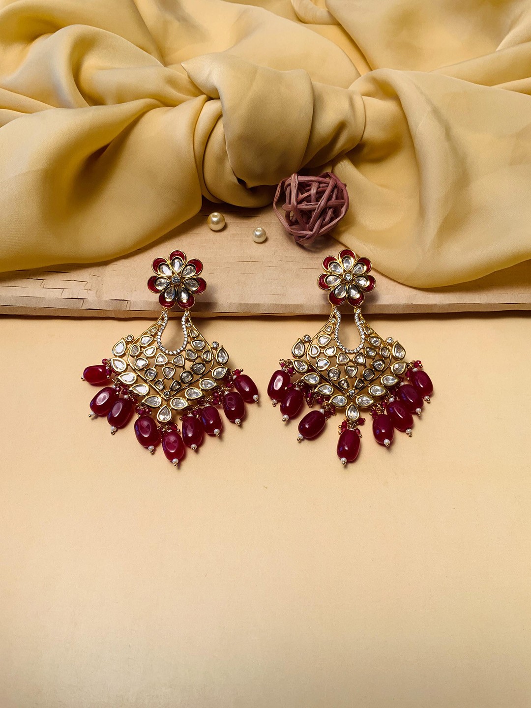 

ABDESIGNS Gold-Plated Contemporary Stone-Studded Drop Earrings