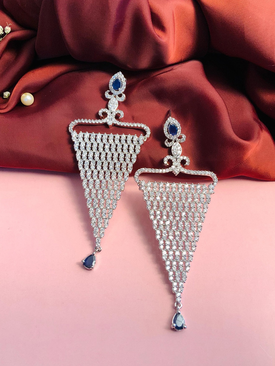 

ABDESIGNS Silver Plated Triangular Stone Studded Drop Earrings