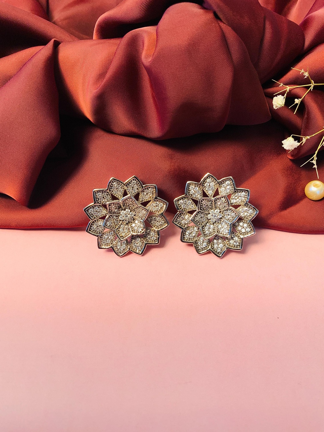 

ABDESIGNS Silver-Plated Floral Stone-Studded Studs Earrings