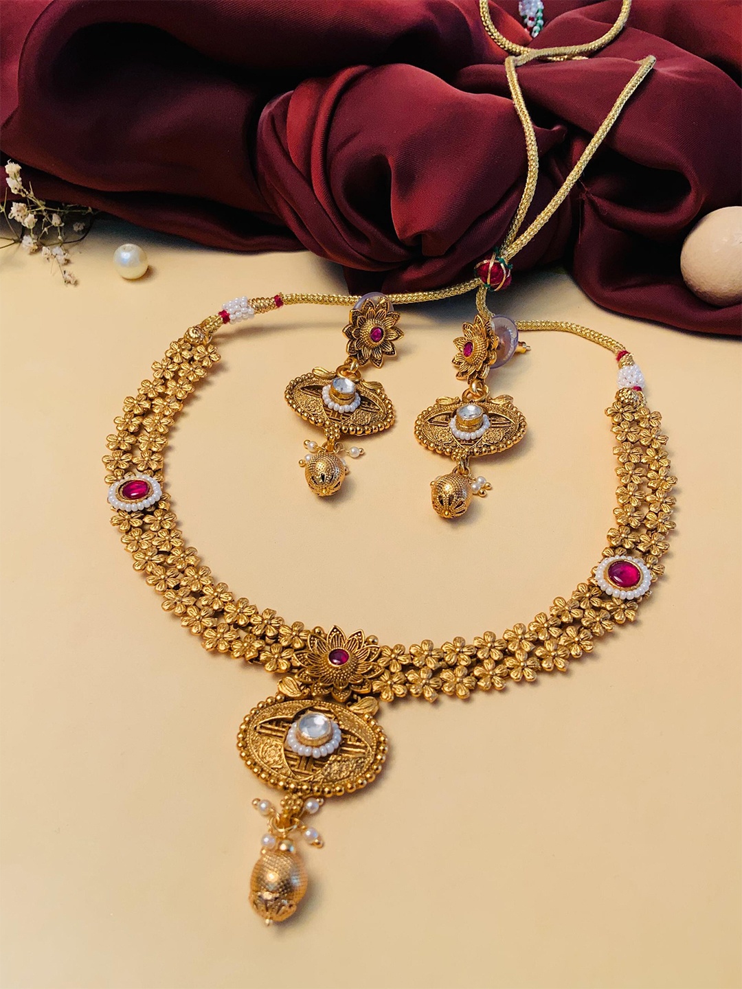 

ABDESIGNS Gold-Plated White Stoned Studded Antique Necklace Set