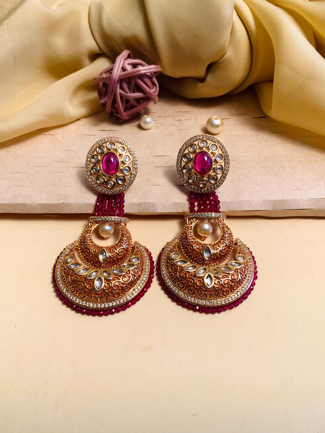 

ABDESIGNS Gold Plated Contemporary Stone Studded & Beaded Drop Earrings