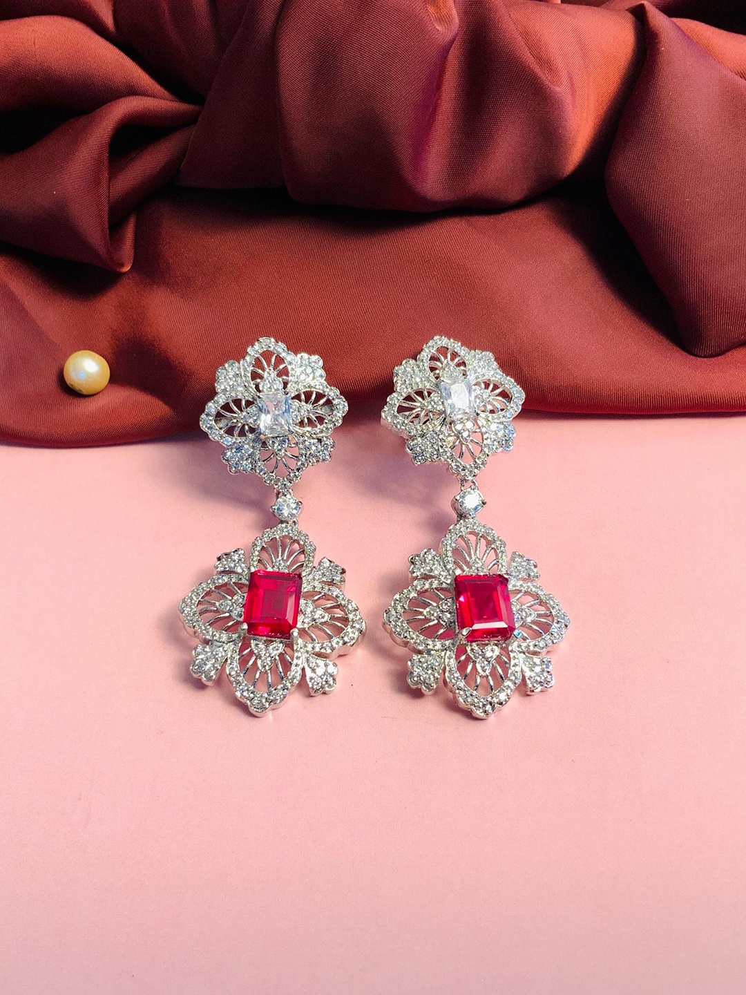 

ABDESIGNS Silver-Plated Floral Stone-Studded Drop Earrings