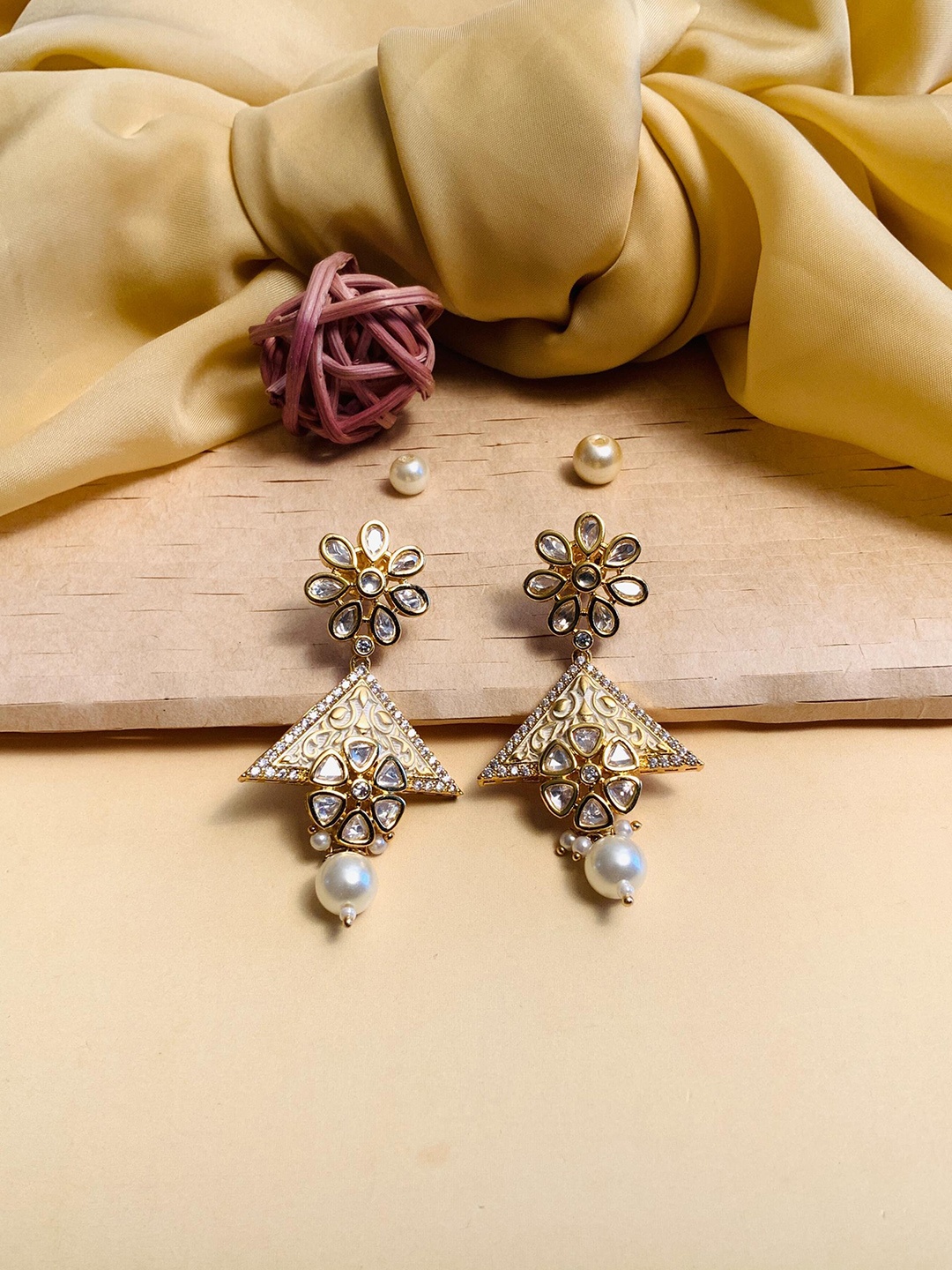 

ABDESIGNS Gold Plated Floral Stone Studded & Beaded Drop Earrings