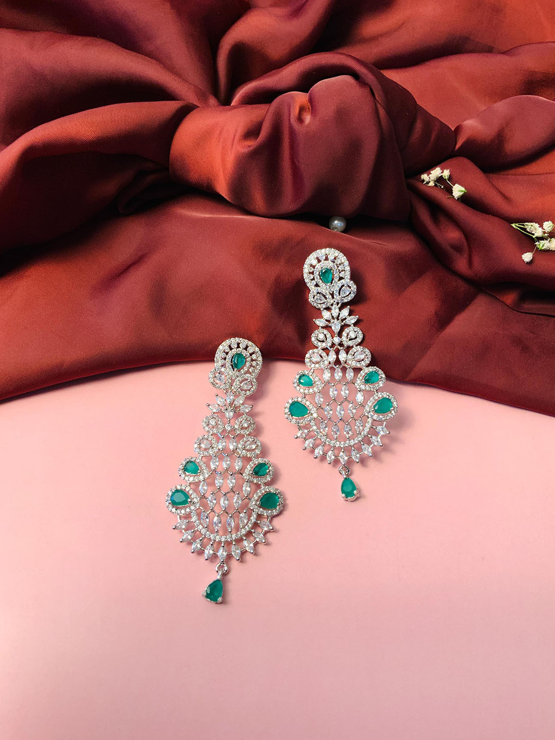 

ABDESIGNS Silver Plated Contemporary Stone Studded Drop Earrings