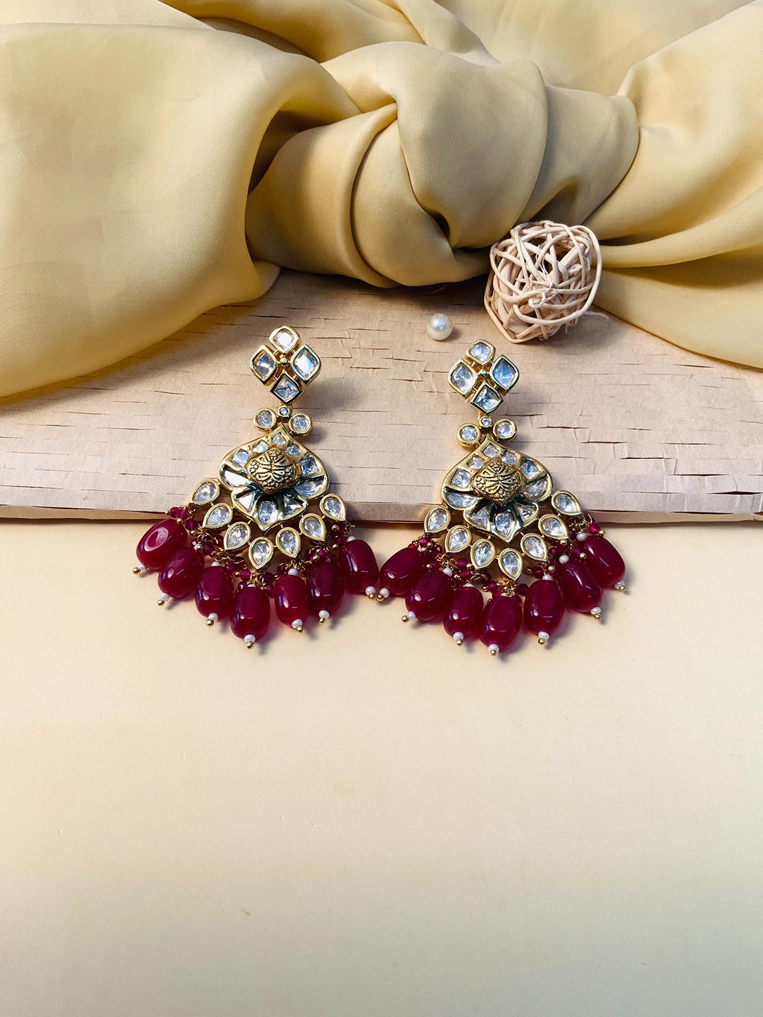 

ABDESIGNS Gold Plated Contemporary Stone Studded & Beaded Drop Earrings