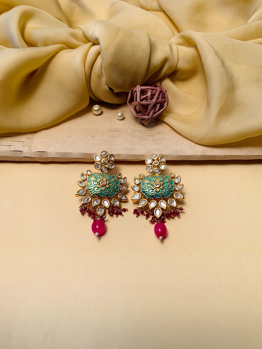 

ABDESIGNS Gold Plated Floral Stone Studded & Beaded Drop Earrings