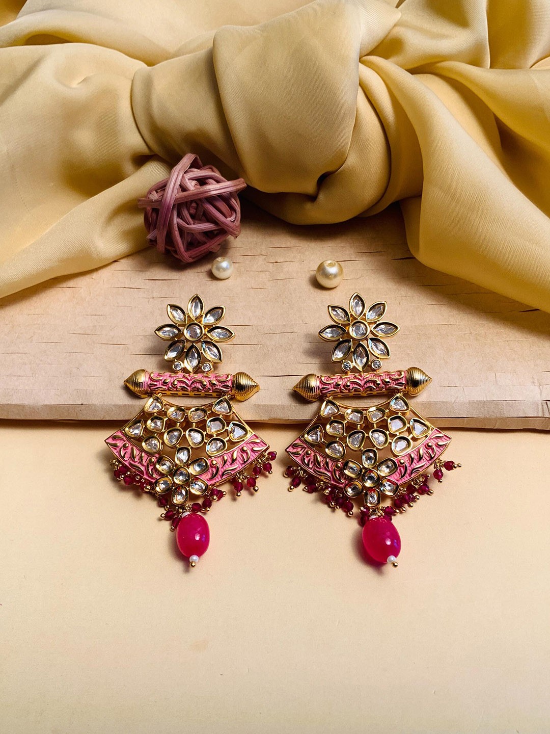 

ABDESIGNS Gold-Plated Contemporary Stone-Studded Drop Earrings