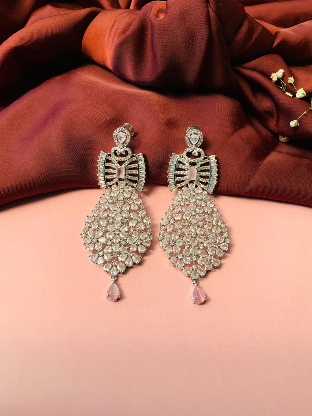 

ABDESIGNS Silver-Plated Teardrop Shaped Stone-Studded Drop Earrings, Gold