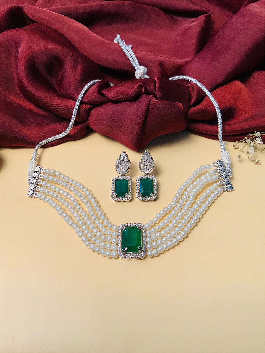 

ABDESIGNS Silver-Plated & Green Artificial Stones & Beads Studded Necklace Set