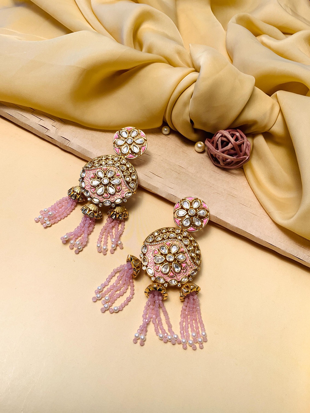 

ABDESIGNS Gold-Plated Circular Shaped Tasselled Stone-Studded Drop Earrings
