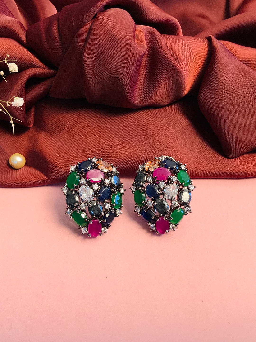 

ABDESIGNS Silver-Plated Oval Studs Earrings
