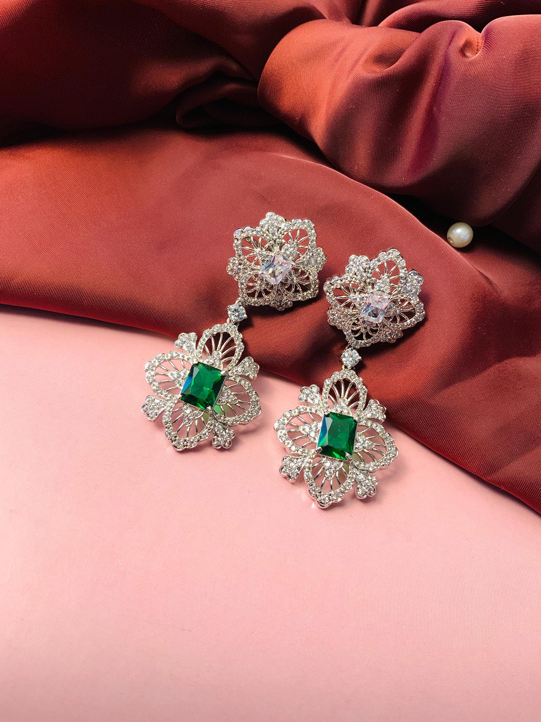 

ABDESIGNS Silver Plated Floral Stone Studded Drop Earrings