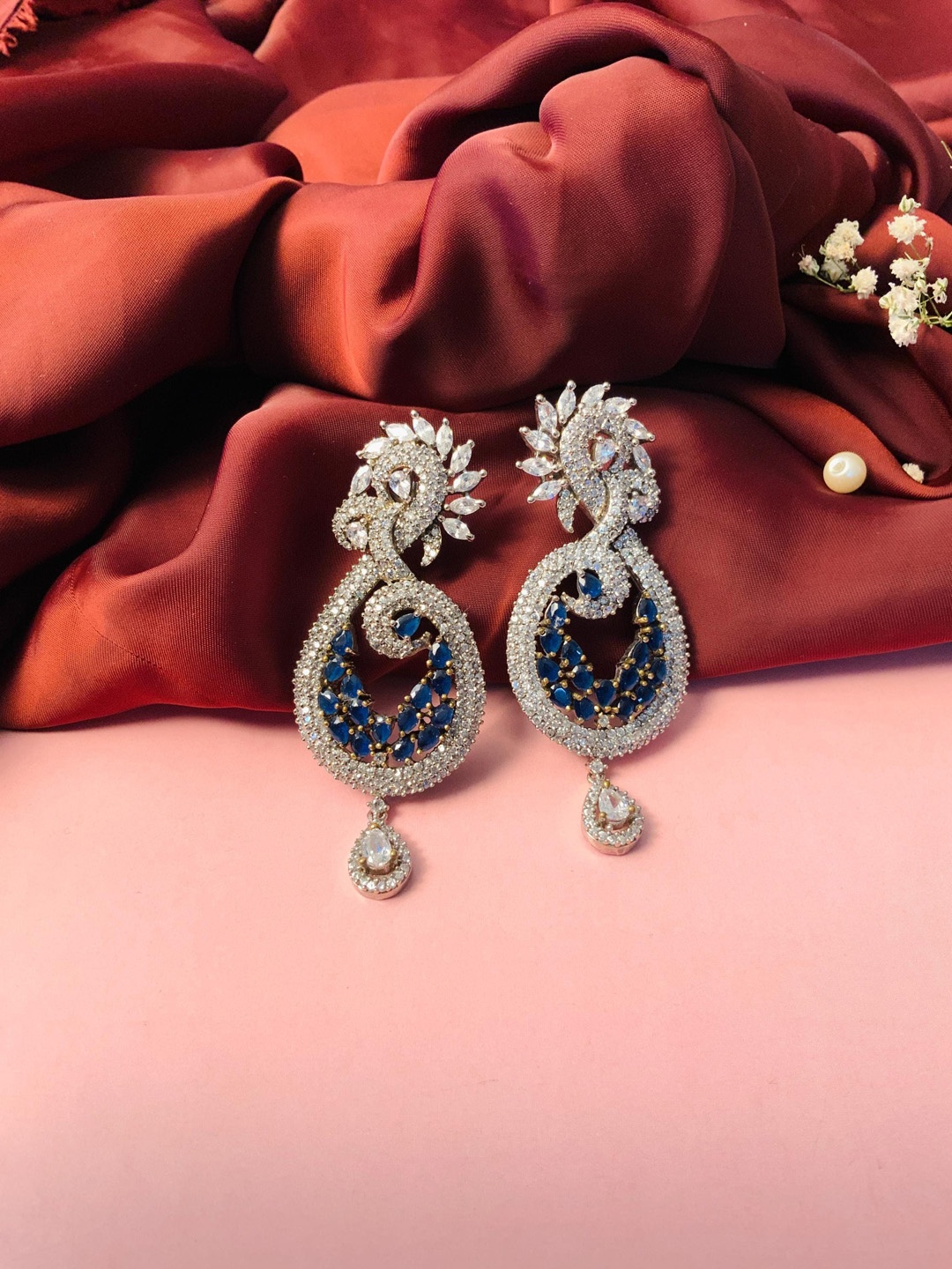 

ABDESIGNS Silver Plated Contemporary Stone Studded Drop Earrings