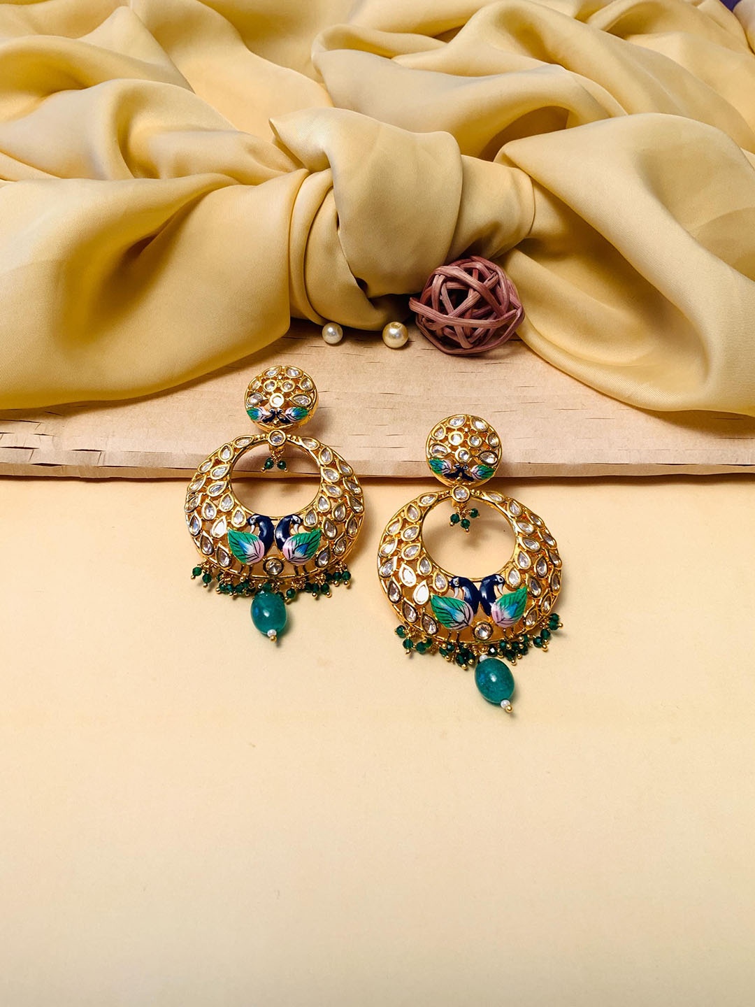 

ABDESIGNS Gold Plated Contemporary Stone Studded & Beaded Drop Earrings
