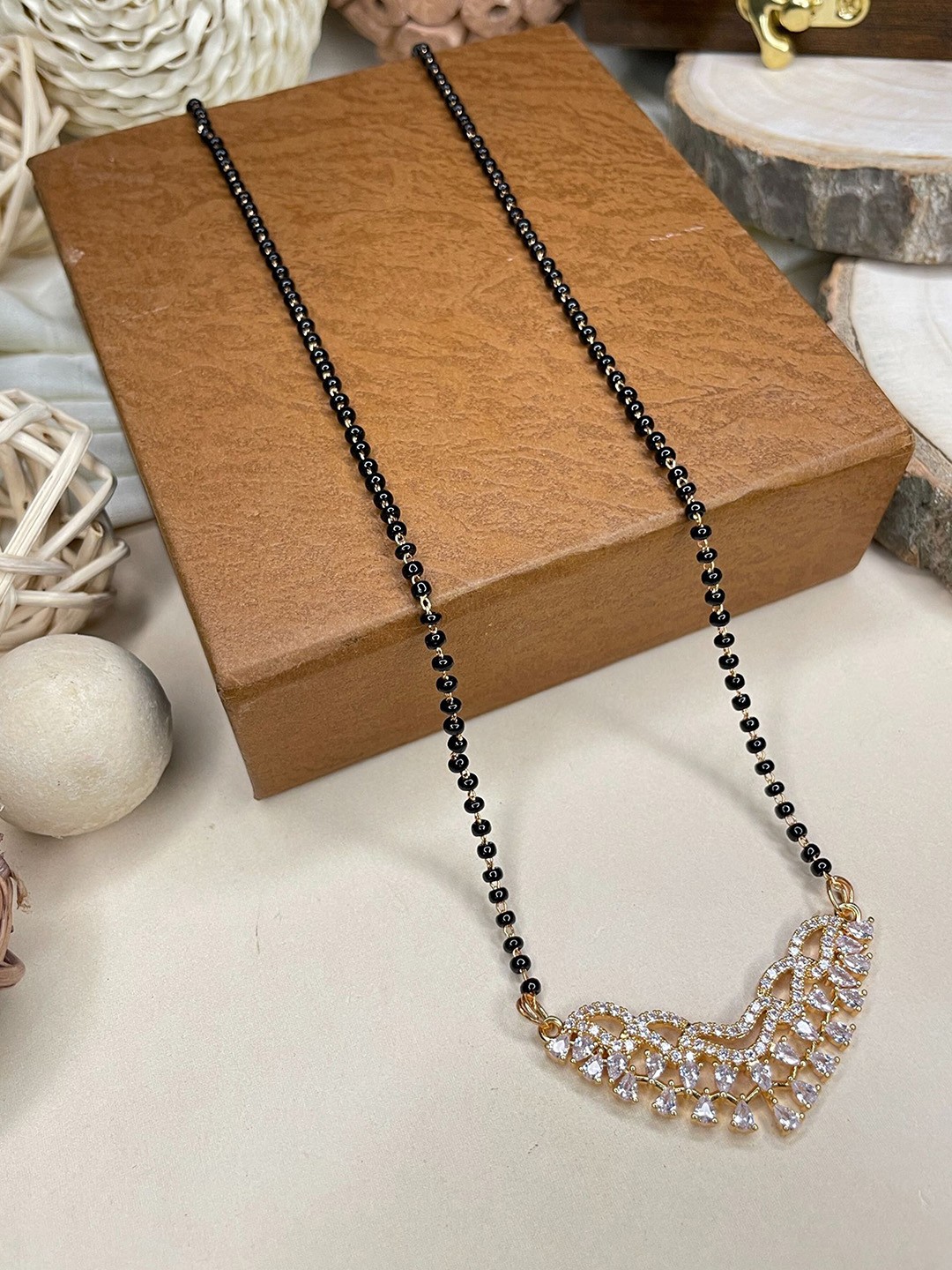 

ABDESIGNS Rose Gold-Plated American Diamond Studded & Beaded Mangalsutra