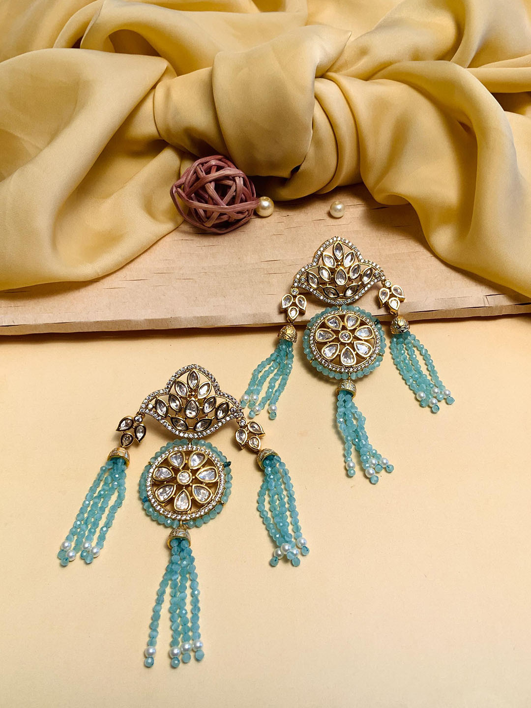 

ABDESIGNS Gold Plated Contemporary Stone Studded & Beaded Drop Earrings