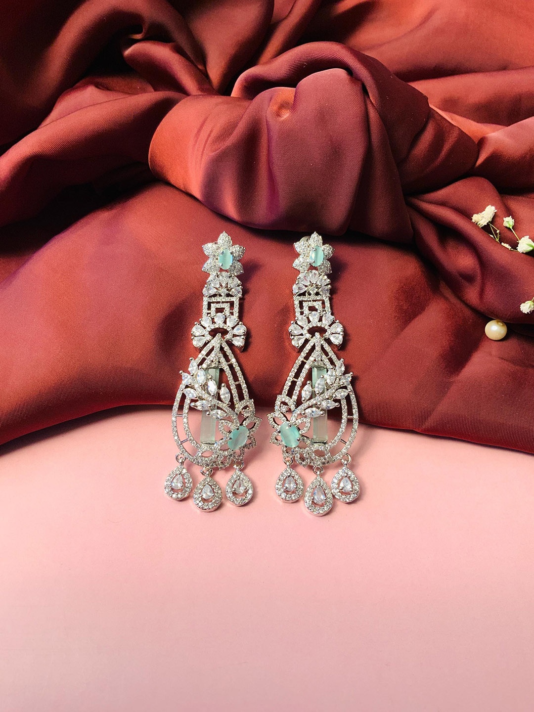 

ABDESIGNS Silver-Plated Teardrop Shaped Stone-Studded Drop Earrings