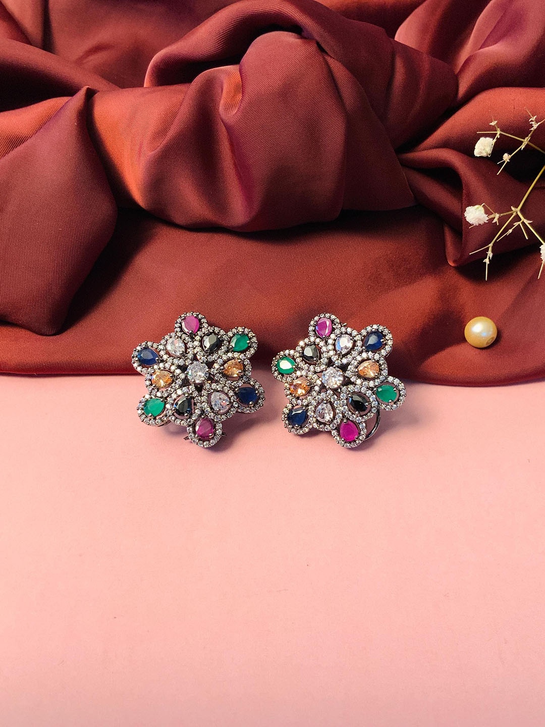 

ABDESIGNS Silver Plated Floral Stone Studs Earrings