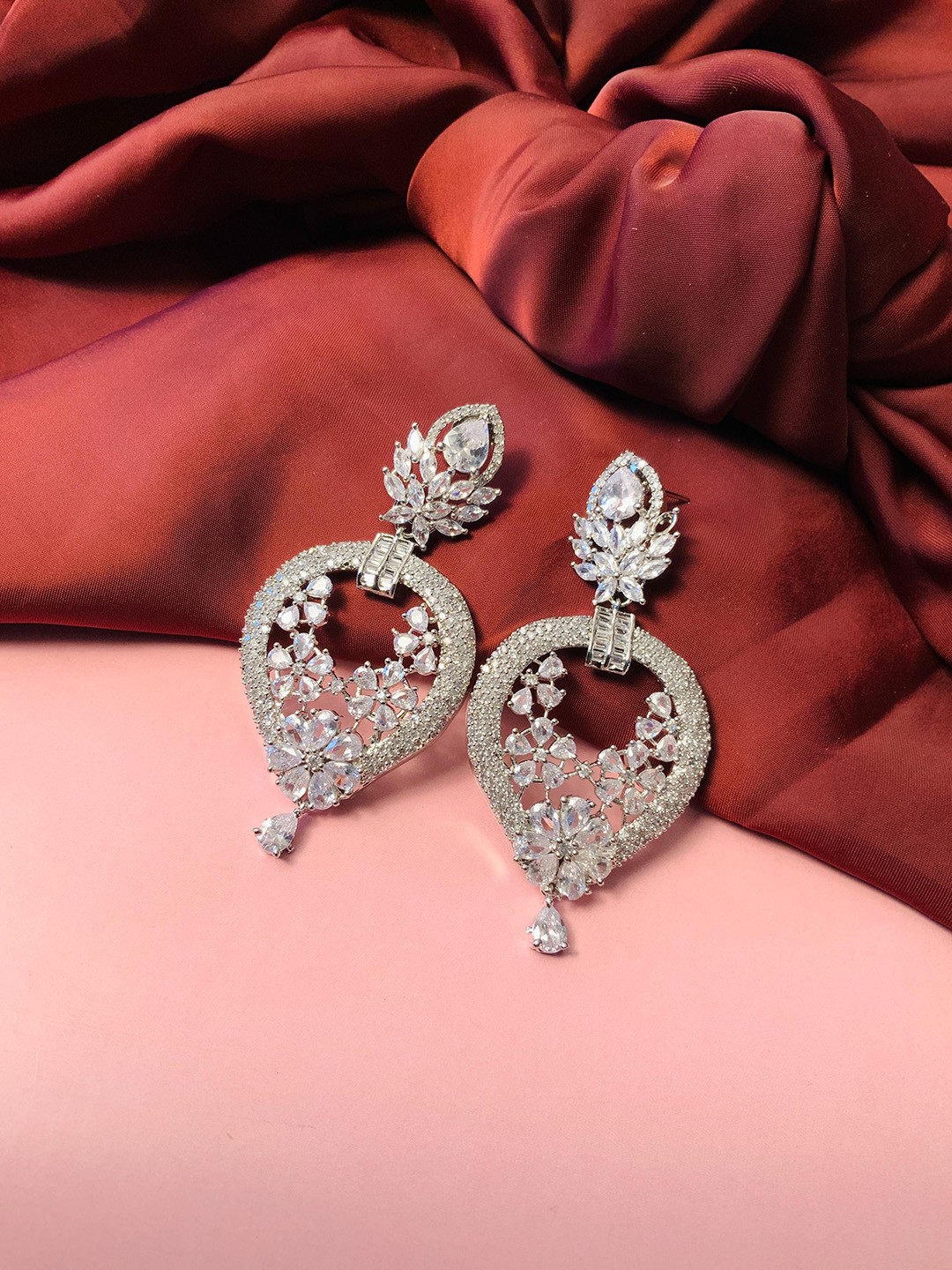 

ABDESIGNS Silver-Plated Floral Stone-Studded Drop Earrings
