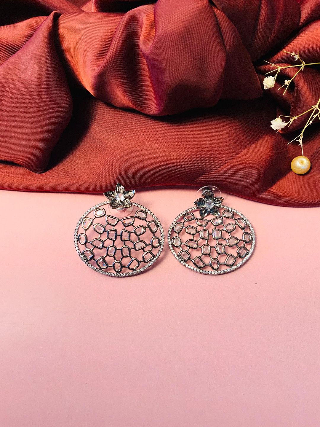 

ABDESIGNS Silver-Plated Circular Stone-Studded Drop Earrings