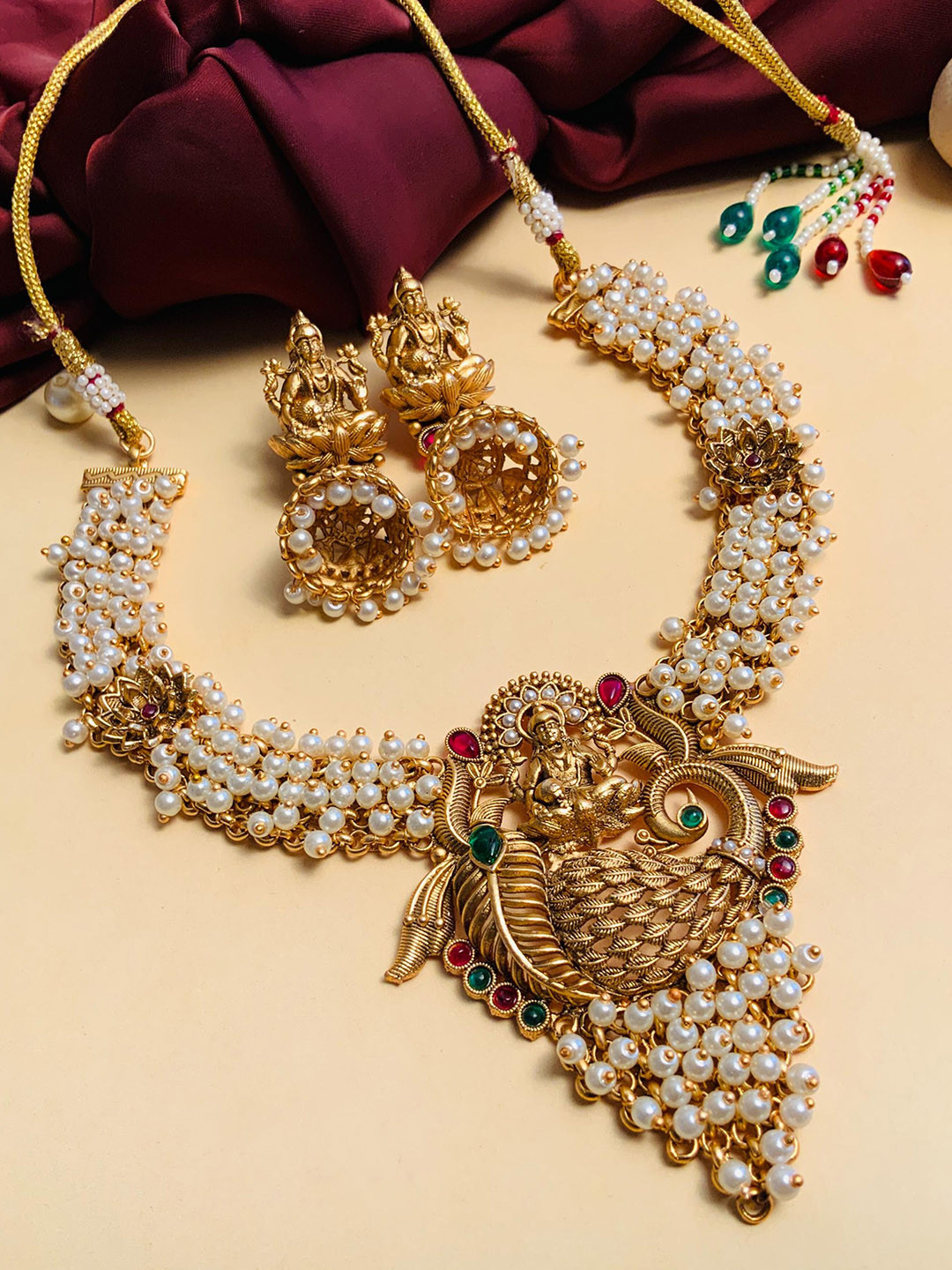 

ABDESIGNS Gold-Plated & White Beaded Antique Necklace Set