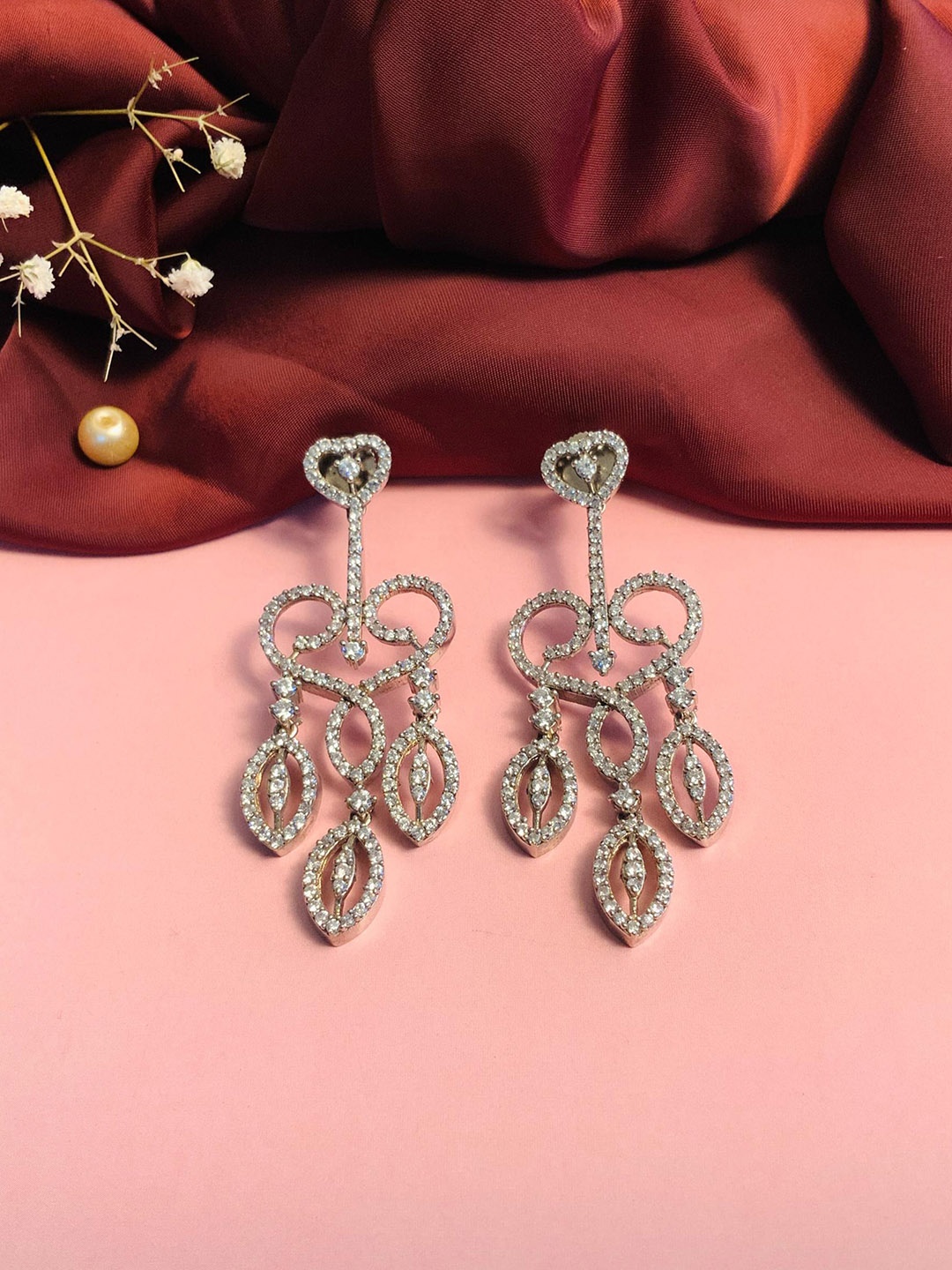 

ABDESIGNS Silver Plated Floral Stone Studded Drop Earrings