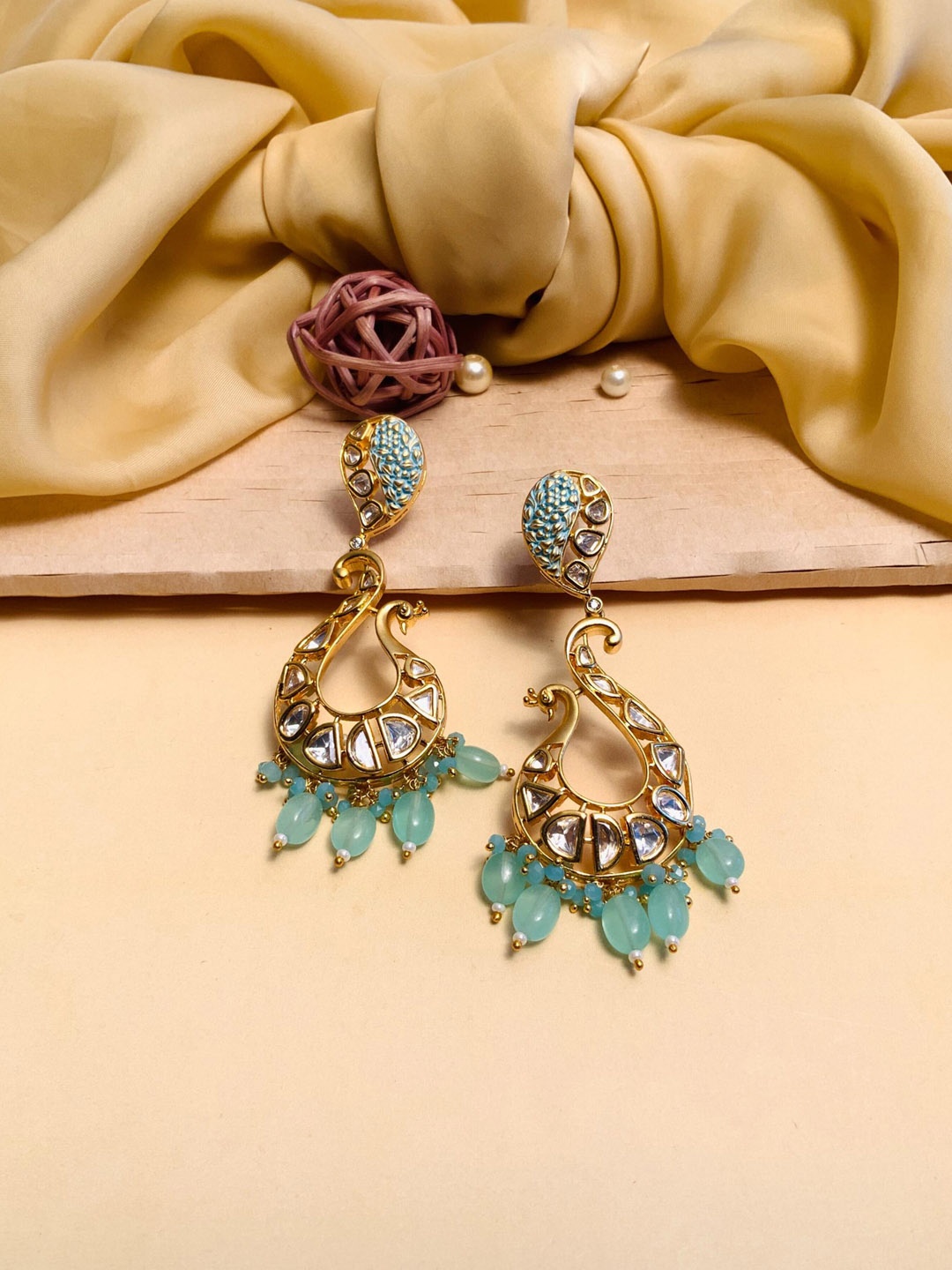 

ABDESIGNS Gold-Plated Peacock Shaped Stone-Studded Drop Earrings