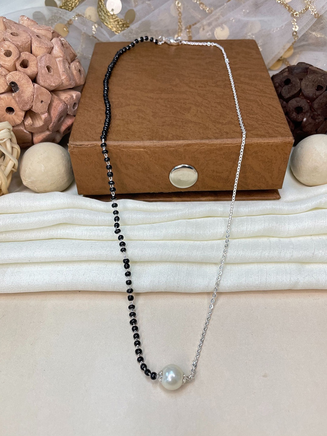 

ABDESIGNS Silver-Plated American Diamond Studded & Beaded Mangalsutra