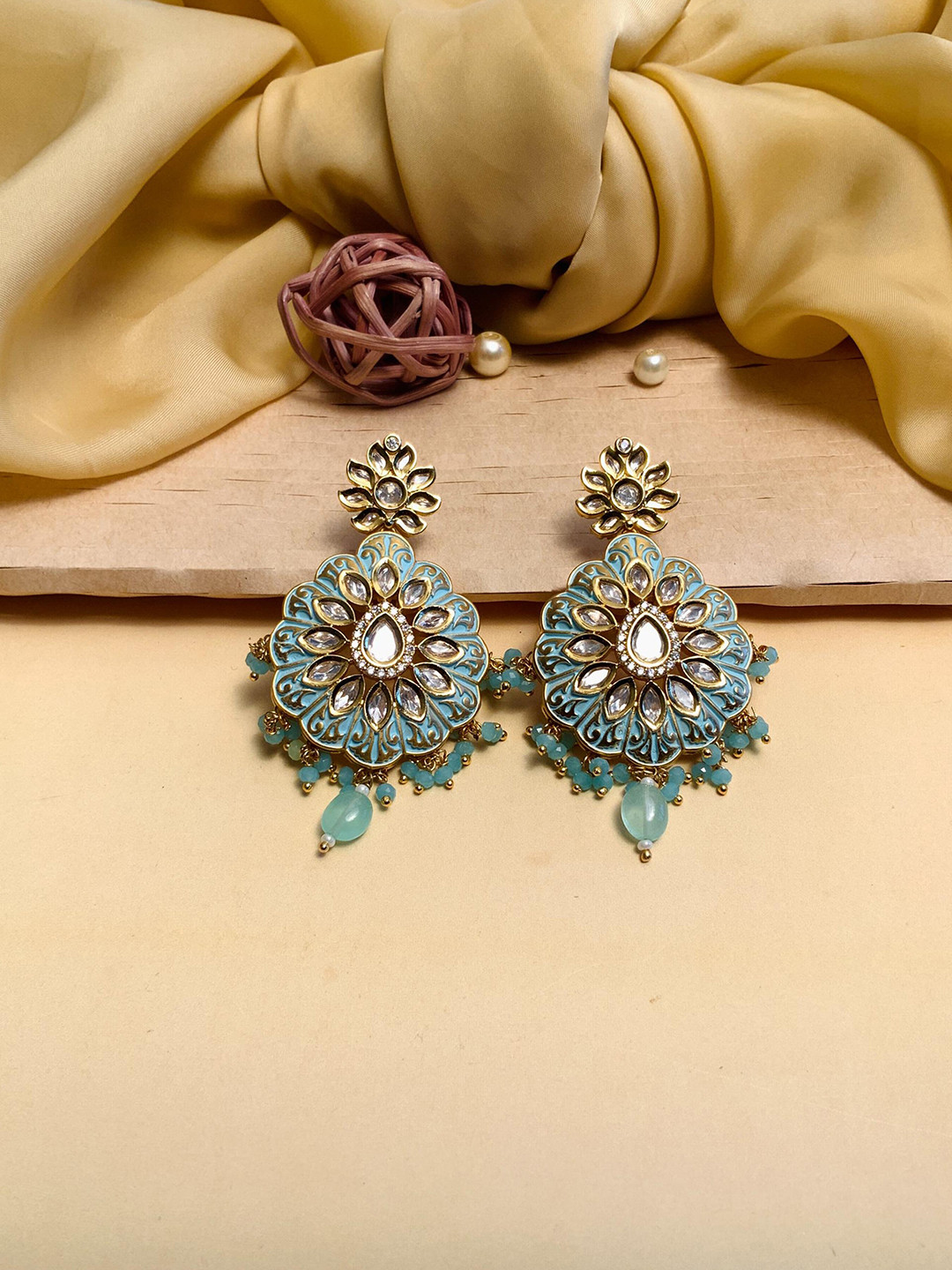 

ABDESIGNS Gold-Plated Floral Stone-Studded Drop Earrings