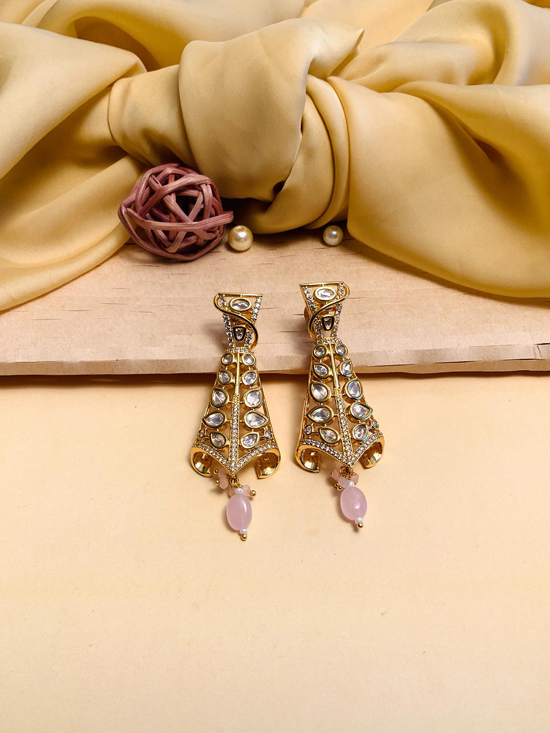 

ABDESIGNS Gold Plated Contemporary Stone Studded & Beaded Drop Earrings