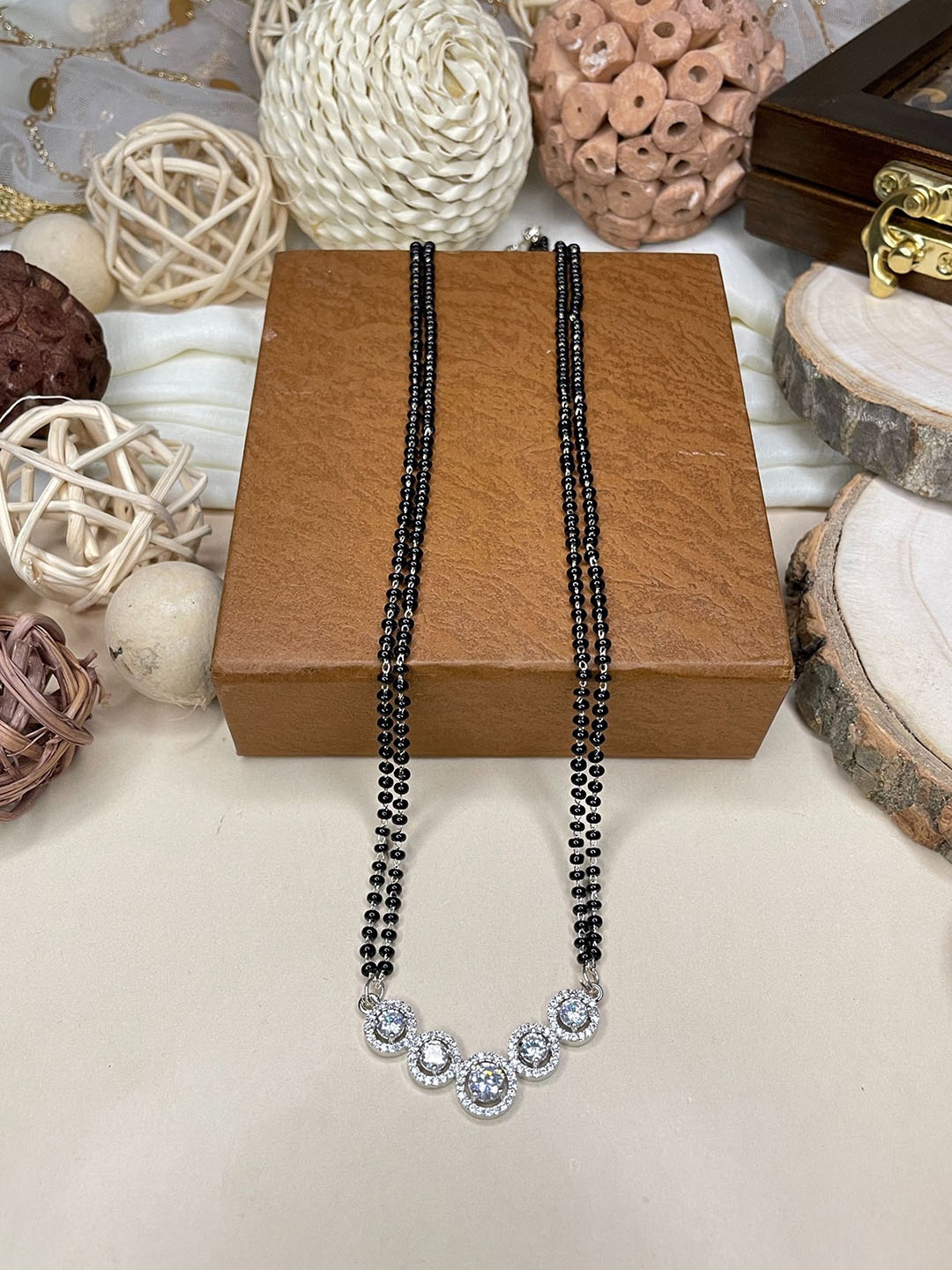

ABDESIGNS Silver-Plated American Diamond Studded & Beaded Mangalsutra