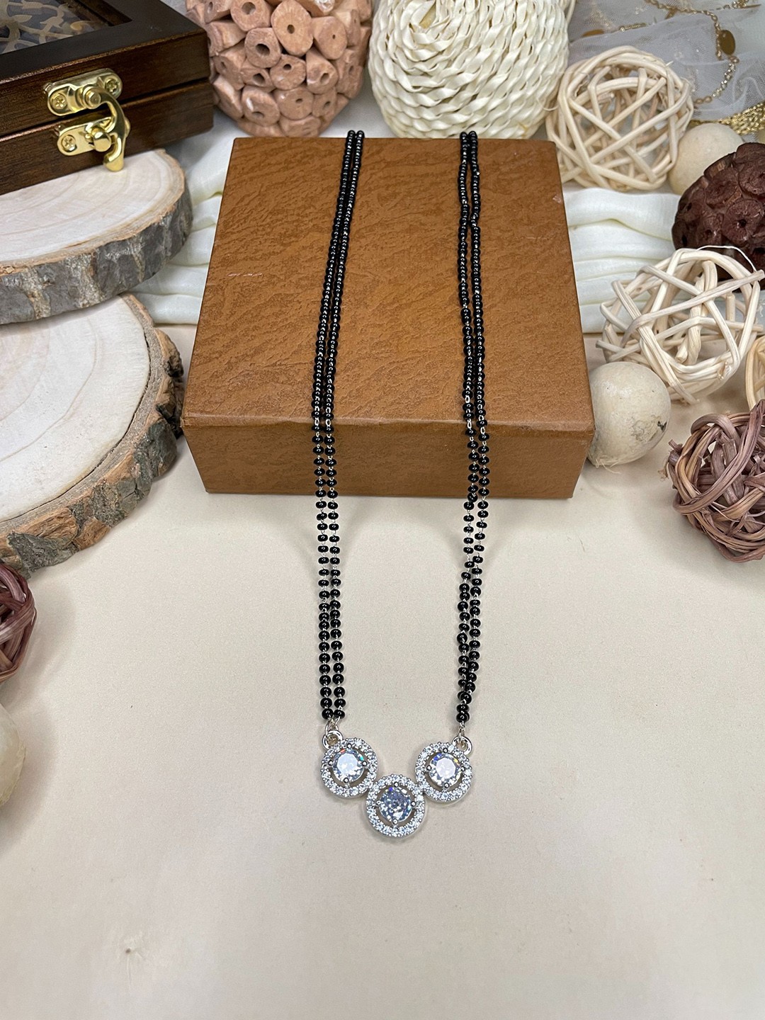 

ABDESIGNS Silver-Plated American Diamond Studded & Beaded Mangalsutra