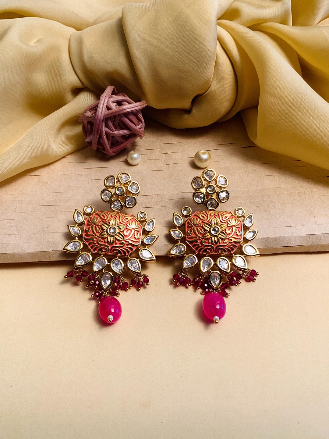 

ABDESIGNS Gold Plated Contemporary Stone Studded & Beaded Drop Earrings