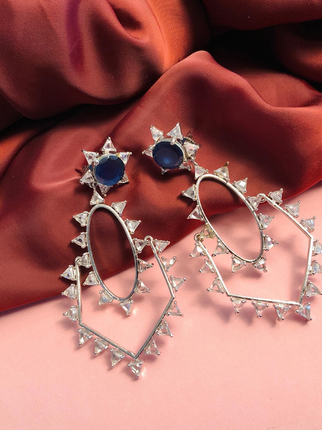 

ABDESIGNS Silver-Plated Geometric Shaped Stone-Studded Drop Earrings