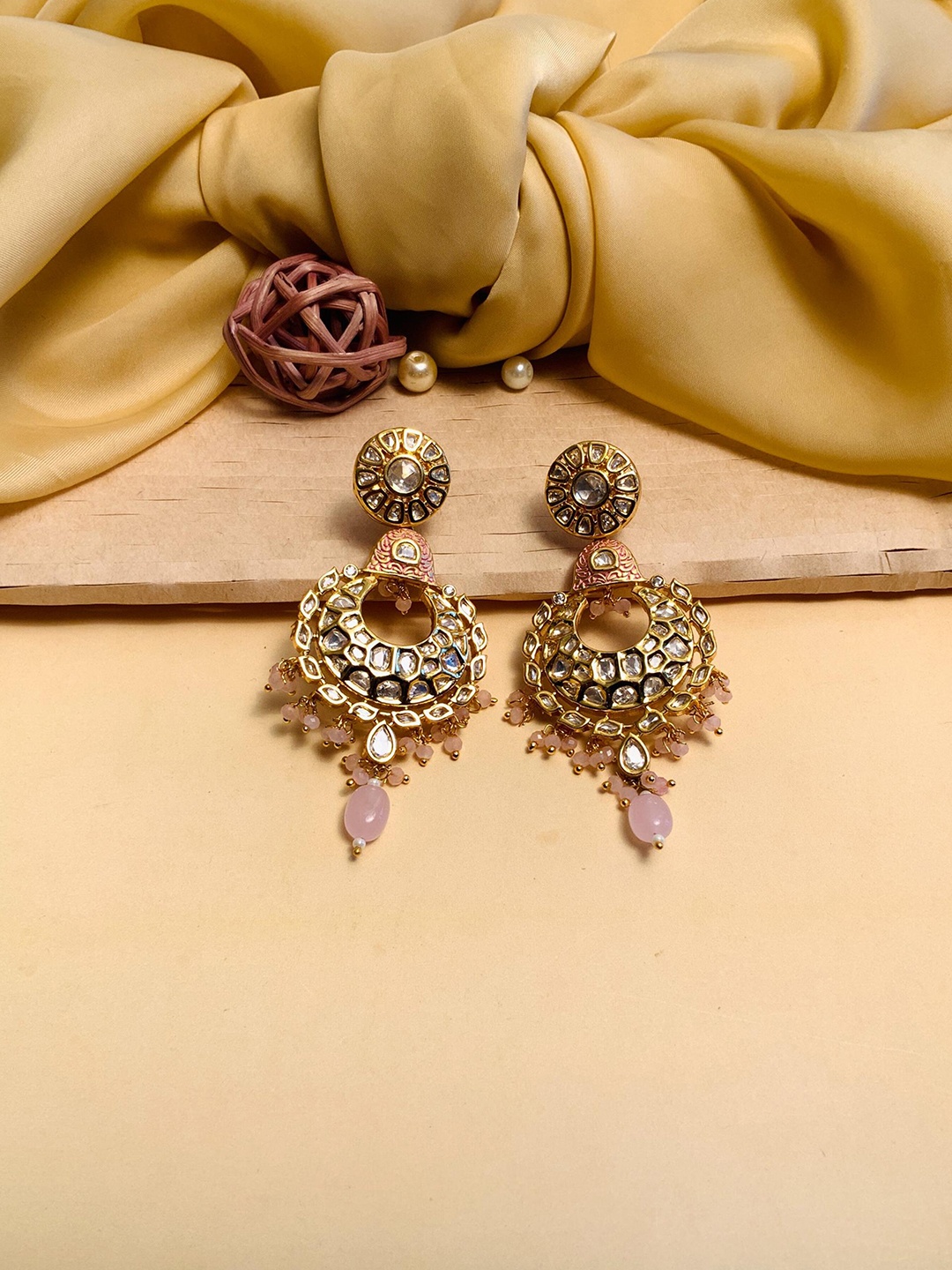 

ABDESIGNS Gold-Plated Crescent Shaped Stone-Studded Drop Earrings