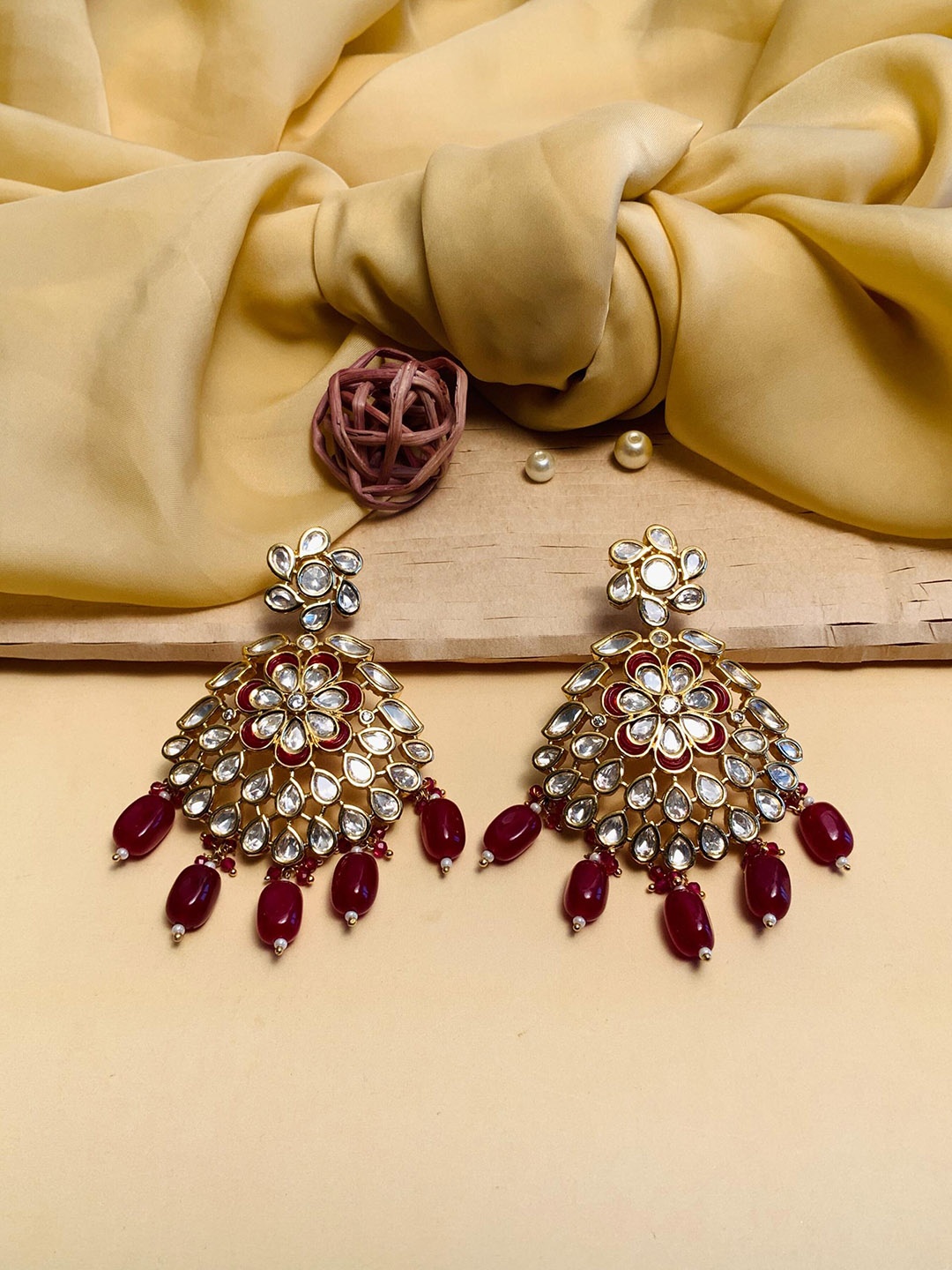 

ABDESIGNS Gold-Plated Floral Stone-Studded Drop Earrings