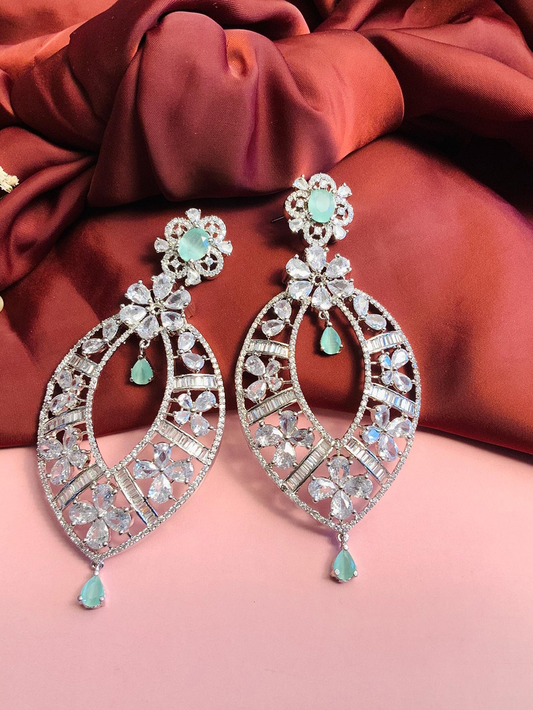 

ABDESIGNS Silver Plated Contemporary Stone Studded Drop Earrings
