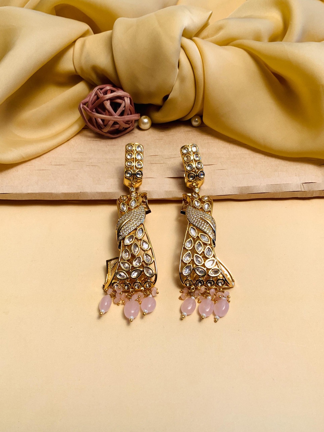 

ABDESIGNS Gold Plated Contemporary Stone Studded & Beaded Drop Earrings