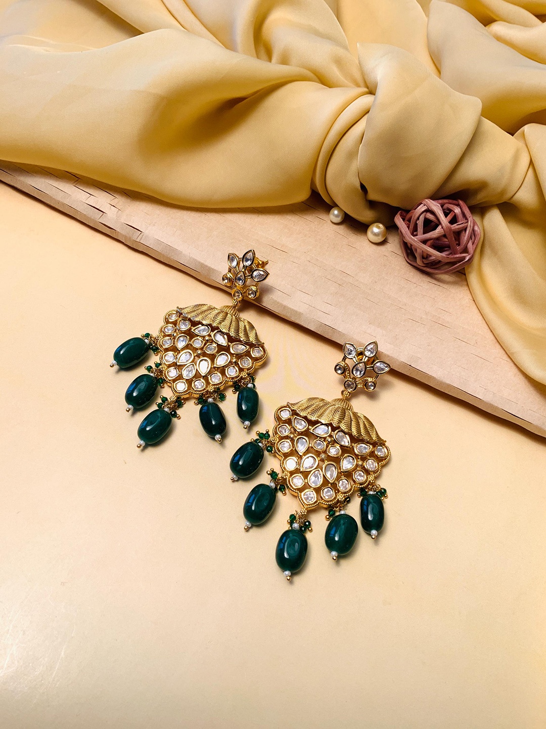 

ABDESIGNS Gold Plated Contemporary Stone Studded & Beaded Drop Earrings