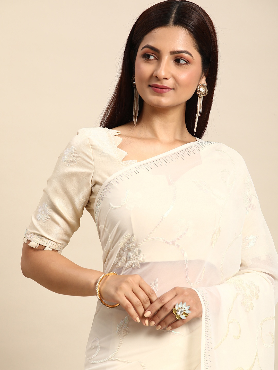 

Mitera Floral Beads and Stones Pure Georgette Saree, White