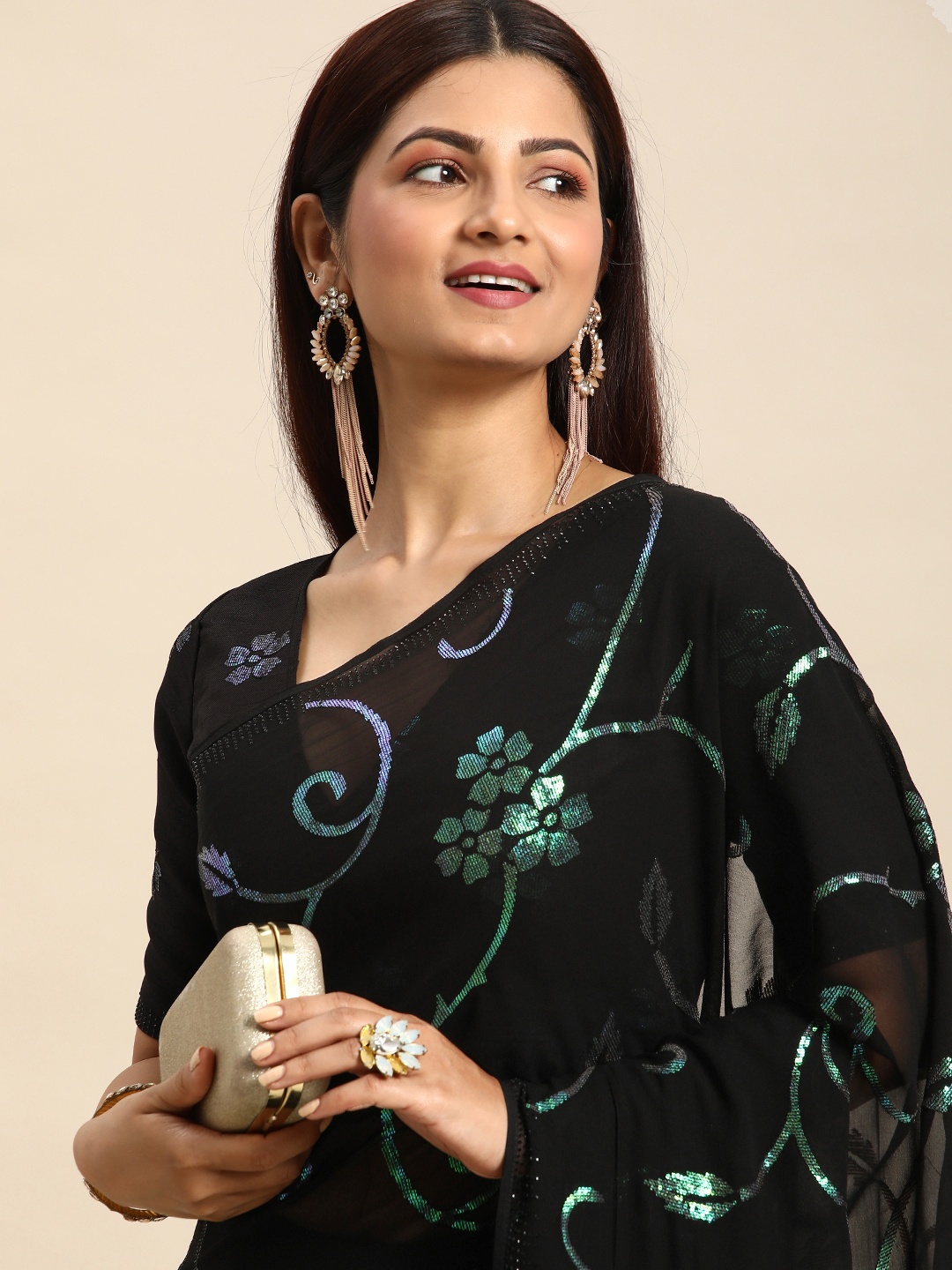 

Mitera Floral Beads and Stones Pure Georgette Saree, Black
