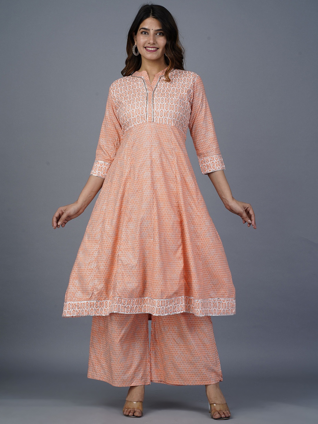 

KALINI Geometric Printed Kurta & Palazzos With Dupatta, Peach