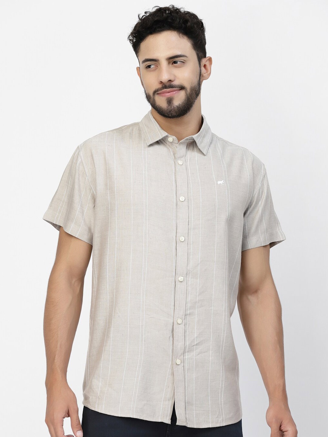 

BRACLO Striped Half Sleeve Cotton Casual Shirt, Beige